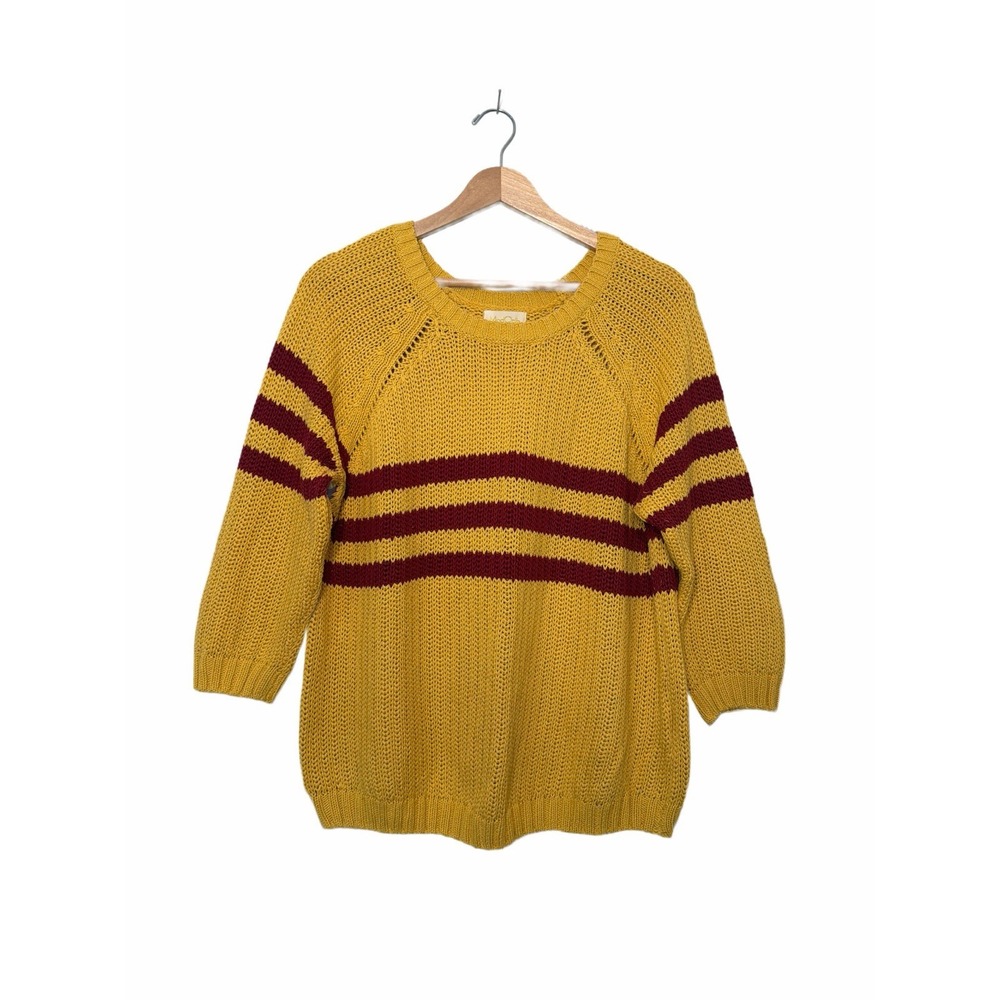 ModCloth 100% Cotton Sweater 1X Yellow Burgundy Striped Raglan Knit Pullover